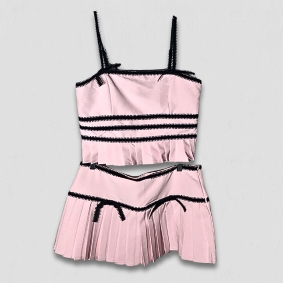 Forever 21 Two Tone Bow Cropped Top Pleated Skirt Pink Black M - Picture 3 of 16